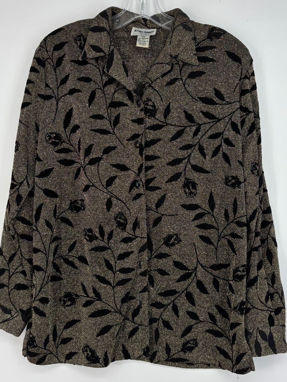 Alfred Dunner Womens 12 PETITE Button Front Shirt Black Gold Metallic Floral